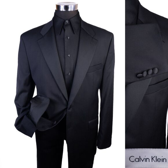 Calvin Klein Solid Black Two Button Wool Dinner Jacket Wool Sz 44R Blazer Canada - Picture 1 of 16